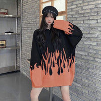 2021 spring new round neck loose sweater female flame jacquard sweater color matching loose ins net red hot selling sweater A077
