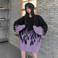 2021 spring new round neck loose sweater female flame jacquard sweater color matching loose ins net red hot selling sweater A077