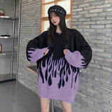 2021 spring new round neck loose sweater female flame jacquard sweater color matching loose ins net red hot selling sweater A077