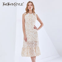 TWOTWINSTYLE Print Floral Dress For Women Lapel Sleeveless Hit Color Elegant Midi Dresses Female Fashion New Clothing 2021 Style