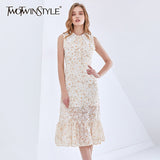 TWOTWINSTYLE Print Floral Dress For Women Lapel Sleeveless Hit Color Elegant Midi Dresses Female Fashion New Clothing 2021 Style