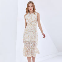 TWOTWINSTYLE Print Floral Dress For Women Lapel Sleeveless Hit Color Elegant Midi Dresses Female Fashion New Clothing 2021 Style