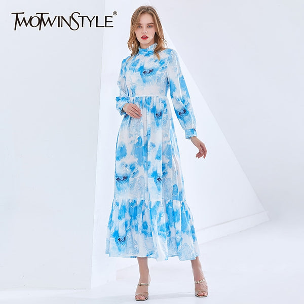 TWOTWINSTYLE Print Tie Dye Dress For Women Stand Collar Long Sleeve High Waist Hit Color Elegant Midi Spring Dresses Female 2021