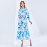 TWOTWINSTYLE Print Tie Dye Dress For Women Stand Collar Long Sleeve High Waist Hit Color Elegant Midi Spring Dresses Female 2021