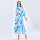 TWOTWINSTYLE Print Tie Dye Dress For Women Stand Collar Long Sleeve High Waist Hit Color Elegant Midi Spring Dresses Female 2021