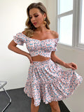 Pofash Ruffle Floral Print Women Two Pieces Outfits Off Shoulder Puff Sleeves Top And Mini Skirts Set Backless Summer Dress 2021