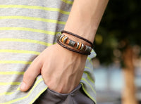 Vintage Handmade Feather Multilayer Leather Bracelet Sets Men Fashion Braiding Coffee Rope Wrap Bracelets &amp; Bangles Male Gift