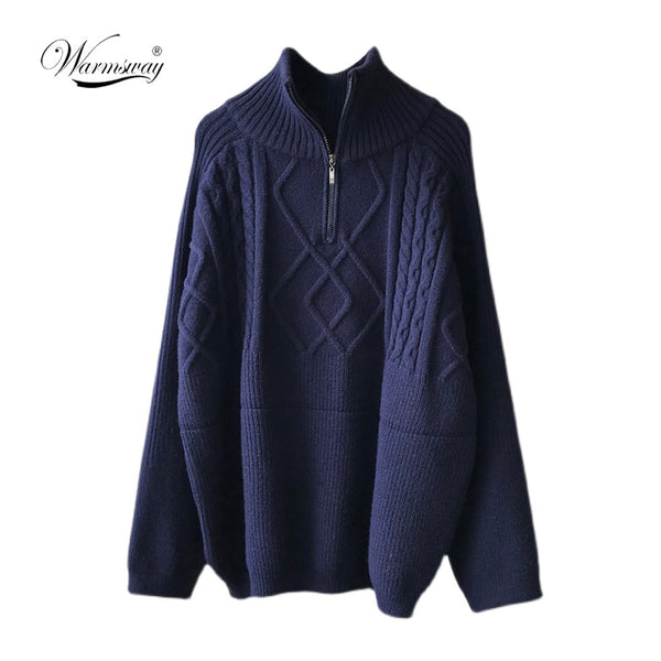 Women&#39;s Thick Warm Knitted Pullover Solid Long Sleeve Turtleneck Sweaters Half Zip Up Winter Coat Comfy Clothing C-295