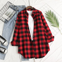 Hot sale blouse, classic red plaid blouse, lapel long-sleeved printed blouse, single-breasted blouse
