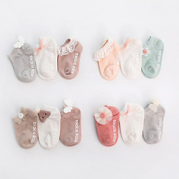 3 Pairs/Pack Baby Socks Newborn Cotton Ankle Socks Toddler Anti-slip Floor Sock Baby Girls Bowknot Flower Socks Princess