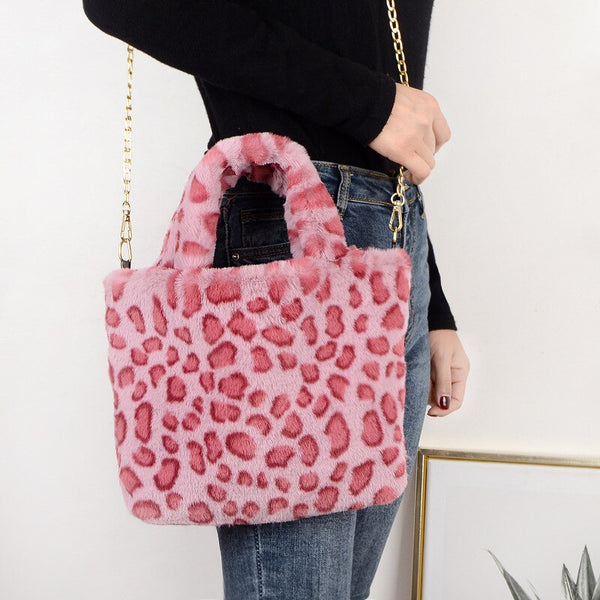 Winter Fashion Faux Fur Bag Large Capacity Leopard Print Bag Women&#39;s One-shoulder Messenger Handbag Bag Plush Female Bag