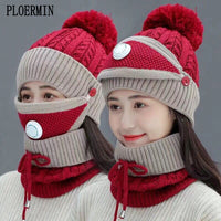 2021 New 3 Pieces Set Women&#39;s Knitted Hat Scarf Caps Neck Warmer Winter Hat For Ladies Girls Skullies Beanies Warm Fleece Caps