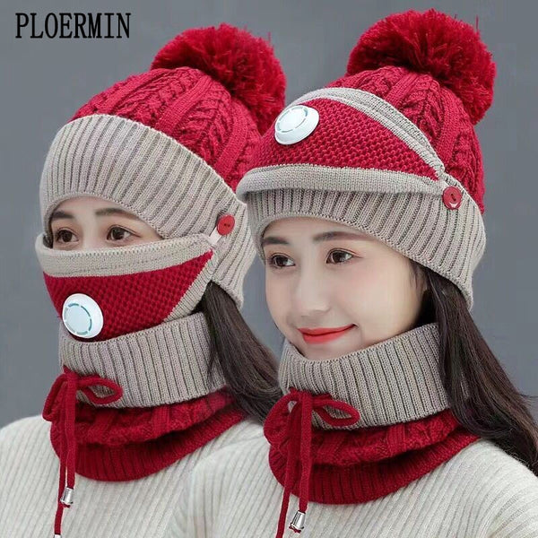 2021 New 3 Pieces Set Women&#39;s Knitted Hat Scarf Caps Neck Warmer Winter Hat For Ladies Girls Skullies Beanies Warm Fleece Caps