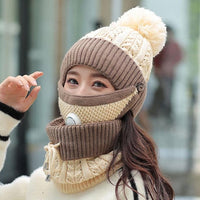 2021 New 3 Pieces Set Women&#39;s Knitted Hat Scarf Caps Neck Warmer Winter Hat For Ladies Girls Skullies Beanies Warm Fleece Caps