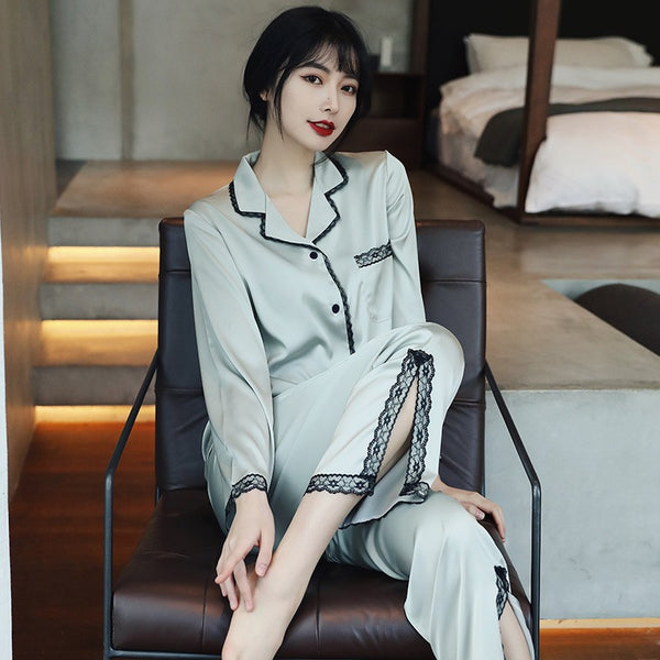 Lace Pj&#39;s 2PCS Sleepwear Women Satin Pajamas Suit Summer Pyjamas Casual Intimate Lingerie Long Sleeve Shirt&amp;Pants Lounge Wear