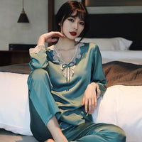Lace Pj&#39;s 2PCS Sleepwear Women Satin Pajamas Suit Summer Pyjamas Casual Intimate Lingerie Long Sleeve Shirt&amp;Pants Lounge Wear