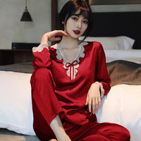 Lace Pj&#39;s 2PCS Sleepwear Women Satin Pajamas Suit Summer Pyjamas Casual Intimate Lingerie Long Sleeve Shirt&amp;Pants Lounge Wear