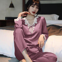 Lace Pj&#39;s 2PCS Sleepwear Women Satin Pajamas Suit Summer Pyjamas Casual Intimate Lingerie Long Sleeve Shirt&amp;Pants Lounge Wear