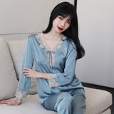 Lace Pj&#39;s 2PCS Sleepwear Women Satin Pajamas Suit Summer Pyjamas Casual Intimate Lingerie Long Sleeve Shirt&amp;Pants Lounge Wear