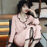 Lace Pj&#39;s 2PCS Sleepwear Women Satin Pajamas Suit Summer Pyjamas Casual Intimate Lingerie Long Sleeve Shirt&amp;Pants Lounge Wear