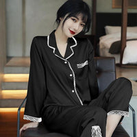 Lace Pj&#39;s 2PCS Sleepwear Women Satin Pajamas Suit Summer Pyjamas Casual Intimate Lingerie Long Sleeve Shirt&amp;Pants Lounge Wear