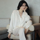Lace Pj&#39;s 2PCS Sleepwear Women Satin Pajamas Suit Summer Pyjamas Casual Intimate Lingerie Long Sleeve Shirt&amp;Pants Lounge Wear