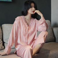 Lace Pj&#39;s 2PCS Sleepwear Women Satin Pajamas Suit Summer Pyjamas Casual Intimate Lingerie Long Sleeve Shirt&amp;Pants Lounge Wear