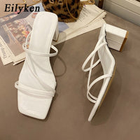Eilyken 2022 New Women Fashion Slipper Square High Heel Classics Strap Sandal Ladies Elegant New Summer Bohemian Pumps Slides