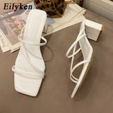 Eilyken 2022 New Women Fashion Slipper Square High Heel Classics Strap Sandal Ladies Elegant New Summer Bohemian Pumps Slides