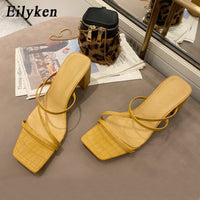 Eilyken 2022 New Women Fashion Slipper Square High Heel Classics Strap Sandal Ladies Elegant New Summer Bohemian Pumps Slides