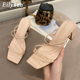 Eilyken 2022 New Women Fashion Slipper Square High Heel Classics Strap Sandal Ladies Elegant New Summer Bohemian Pumps Slides