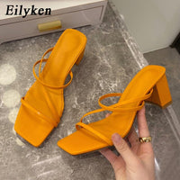 Eilyken 2022 New Women Fashion Slipper Square High Heel Classics Strap Sandal Ladies Elegant New Summer Bohemian Pumps Slides