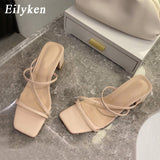 Eilyken 2022 New Women Fashion Slipper Square High Heel Classics Strap Sandal Ladies Elegant New Summer Bohemian Pumps Slides