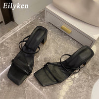 Eilyken 2022 New Women Fashion Slipper Square High Heel Classics Strap Sandal Ladies Elegant New Summer Bohemian Pumps Slides