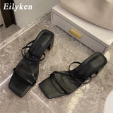 Eilyken 2022 New Women Fashion Slipper Square High Heel Classics Strap Sandal Ladies Elegant New Summer Bohemian Pumps Slides