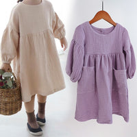 Autumn Spring Children&#39;s Clothes Organic Cotton Double Gauze Loose Pockets Baby Girls Dress Fashion Princess Casual Kids Dresses