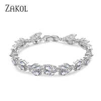 ZAKOL High Quality Clear White Cubic Zirconia Leaf Pattern Bracelets Bangles For Women Girl Gift Fashion Wedding Jewelry FSBP001