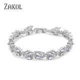 ZAKOL High Quality Clear White Cubic Zirconia Leaf Pattern Bracelets Bangles For Women Girl Gift Fashion Wedding Jewelry FSBP001