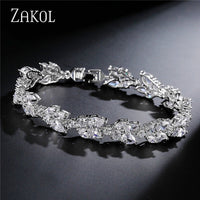 ZAKOL High Quality Clear White Cubic Zirconia Leaf Pattern Bracelets Bangles For Women Girl Gift Fashion Wedding Jewelry FSBP001