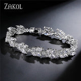 ZAKOL High Quality Clear White Cubic Zirconia Leaf Pattern Bracelets Bangles For Women Girl Gift Fashion Wedding Jewelry FSBP001