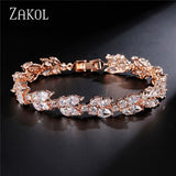 ZAKOL High Quality Clear White Cubic Zirconia Leaf Pattern Bracelets Bangles For Women Girl Gift Fashion Wedding Jewelry FSBP001