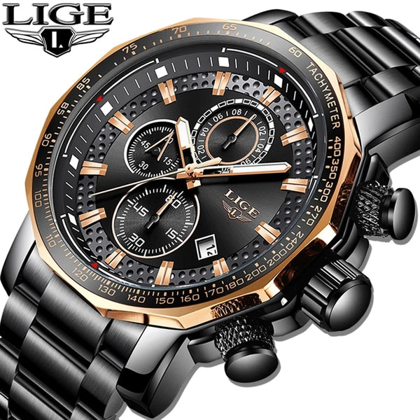 2022 LIGE New Fashion Mens Watches Top Luxury Brand Military Big Dial Male Clock Analog Quartz Watch Men Sport Chronograph Watch