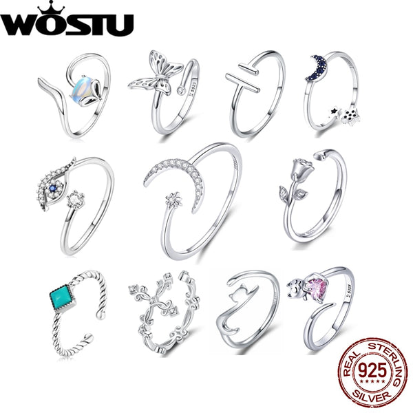 WOSTU Real 925 Sterling Silver Open Ring Finger Adjustable Size Wedding Rings For Women Engagement Fashion Silver Jewelry Gift