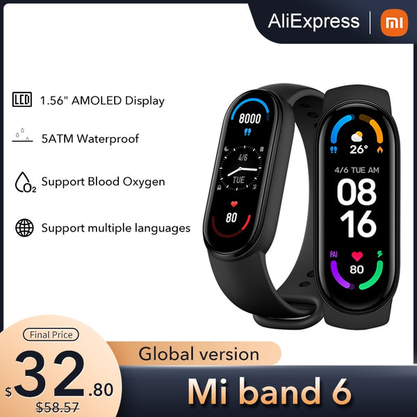 Global Version Xiaomi Mi Band 6 Smart Bracelet 1.56&quot;AMOLED Screen miBand 6 Heart Rate Fitness Traker Bluetooth 5 ATM Waterproof