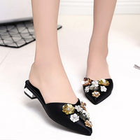 Koovan Women Flats 2022 Pointed Half Slippers Spring Summer Flat With Flowers Lazy Cool Slippers Women&#39;s Shoes Bling Rhinstone