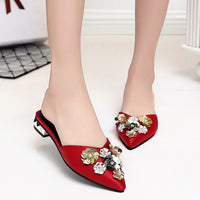 Koovan Women Flats 2022 Pointed Half Slippers Spring Summer Flat With Flowers Lazy Cool Slippers Women&#39;s Shoes Bling Rhinstone