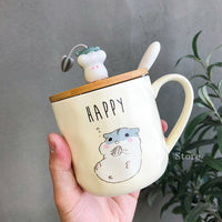 400ML Korean Creative Simple Hamster Mug Cartoon Cute Spoon with Lid Personality Couple Water Cup Home Breakfast Cup