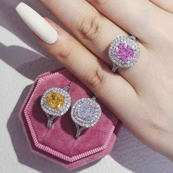 2022 New Arrivals Pink Yellow Silver Color Cushion Cut Finger Engagement Wedding Rings for Women Fashion Jewelry Wholesale R5489