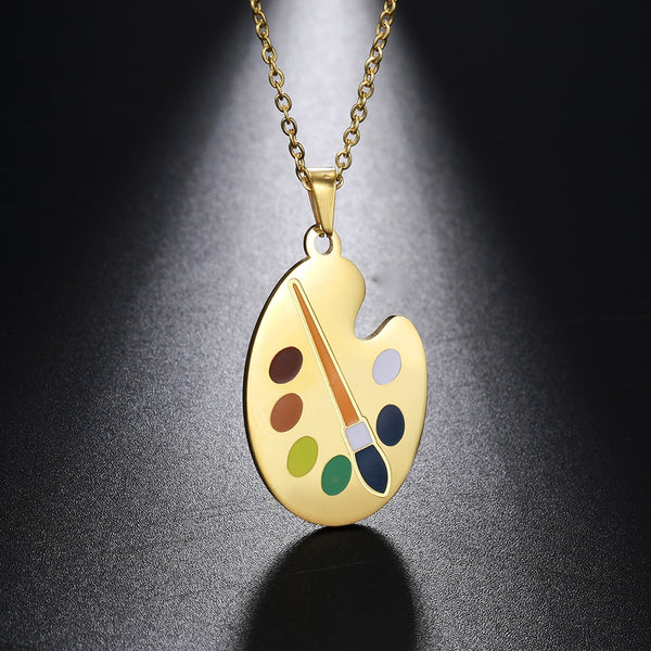 Fishhook Art Artist Necklace Pigment Palette Painter Draw Brush Gold Color Stainless Steel Gift For Woman Pendant charm Jewelry
