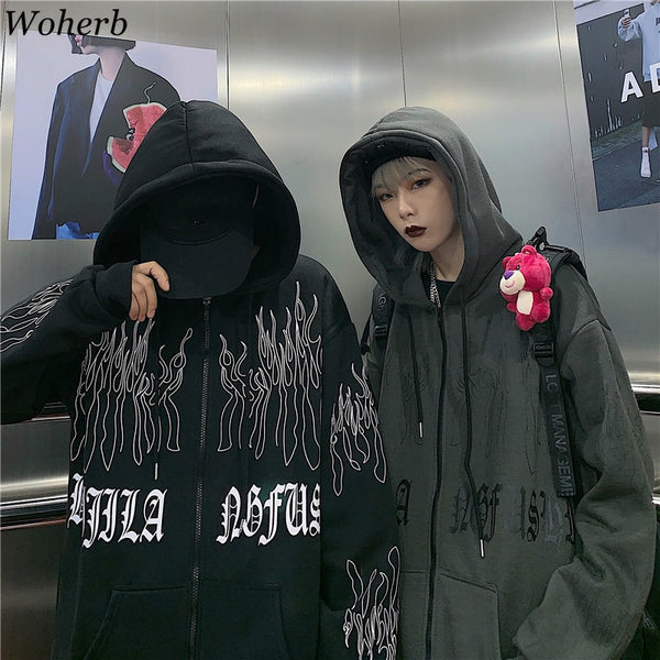 Woherb Sweatshirt Women Oversized Jackets Fall 2022 Woman Clothes Harajuku BF Flame Print Tops Hoodie Korean Hooded Hoodies